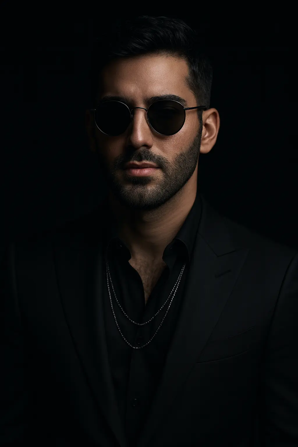 Modern Portrait Man Contemporary Fashion Minimalist Background - AI prompt example showing Contemporary portrait with modern fashion and clean, minimalist styling