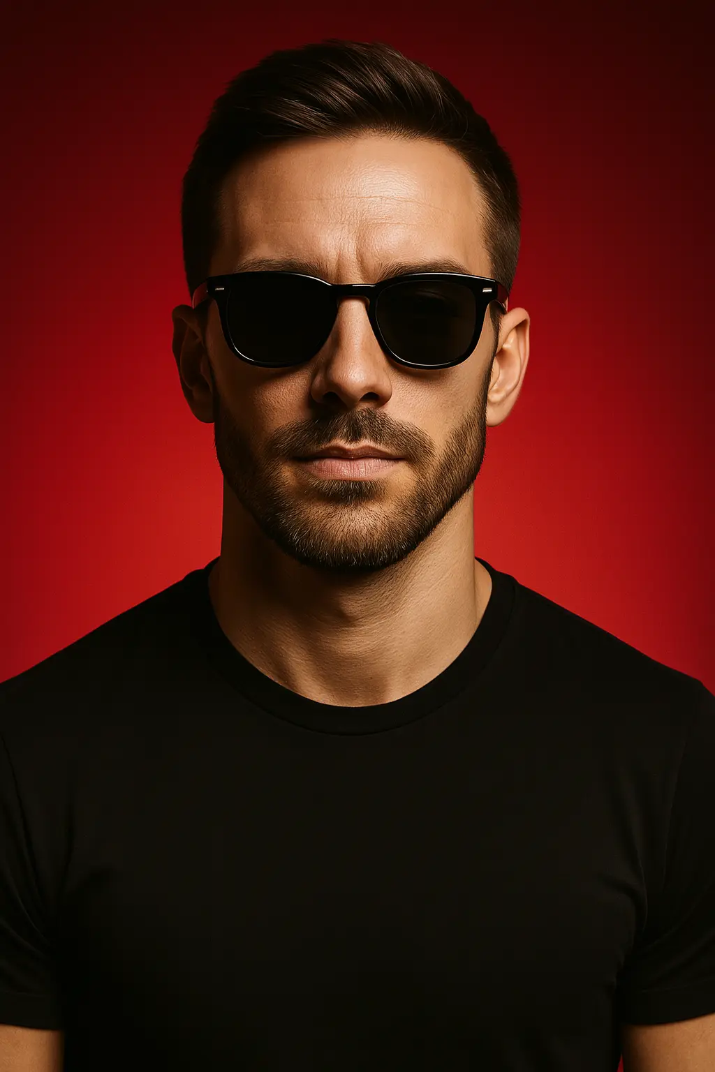 Ultra-Realistic Editorial 4K Portrait with Dramatic Lighting - AI prompt example showing 4K luxury portrait prompt: red gradient, cinematic lighting, symmetry