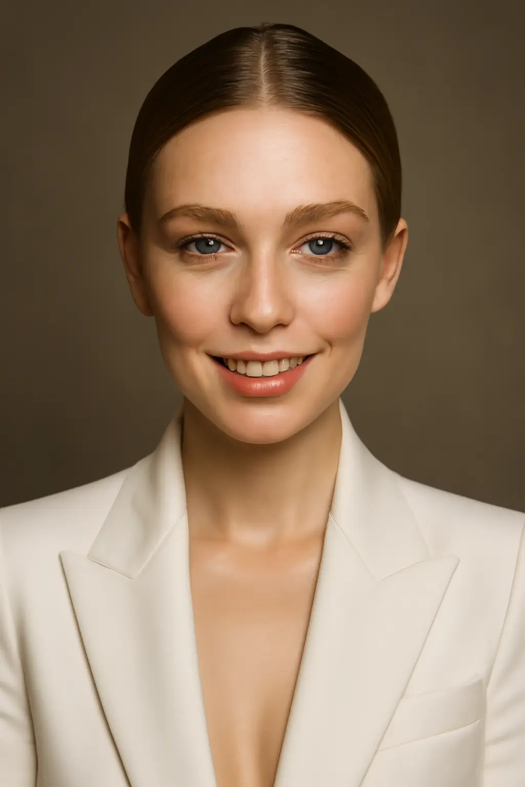 Luxurious 4K Official Portrait in White Suit - AI prompt example showing 3:4 luxury portrait prompt: white suit, HD 360° hair, sharp features
