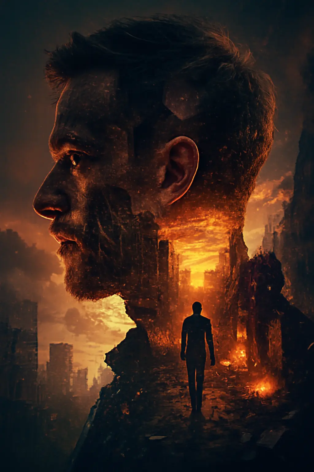Cinematic Double Exposure Post-Apocalyptic Portrait - AI prompt example showing 8K double exposure prompt: profile silhouette, burning ruins, warm moody sunset